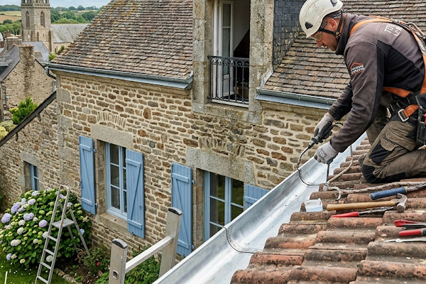 Artisan zingueur soudant une gouttière en zinc neuve
